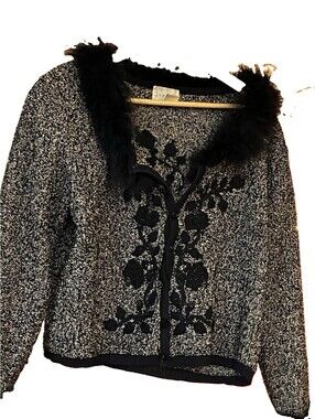 Just B Women’s Black White Knit Full Zip Cardigan Sweater Faux Fur Embroidered